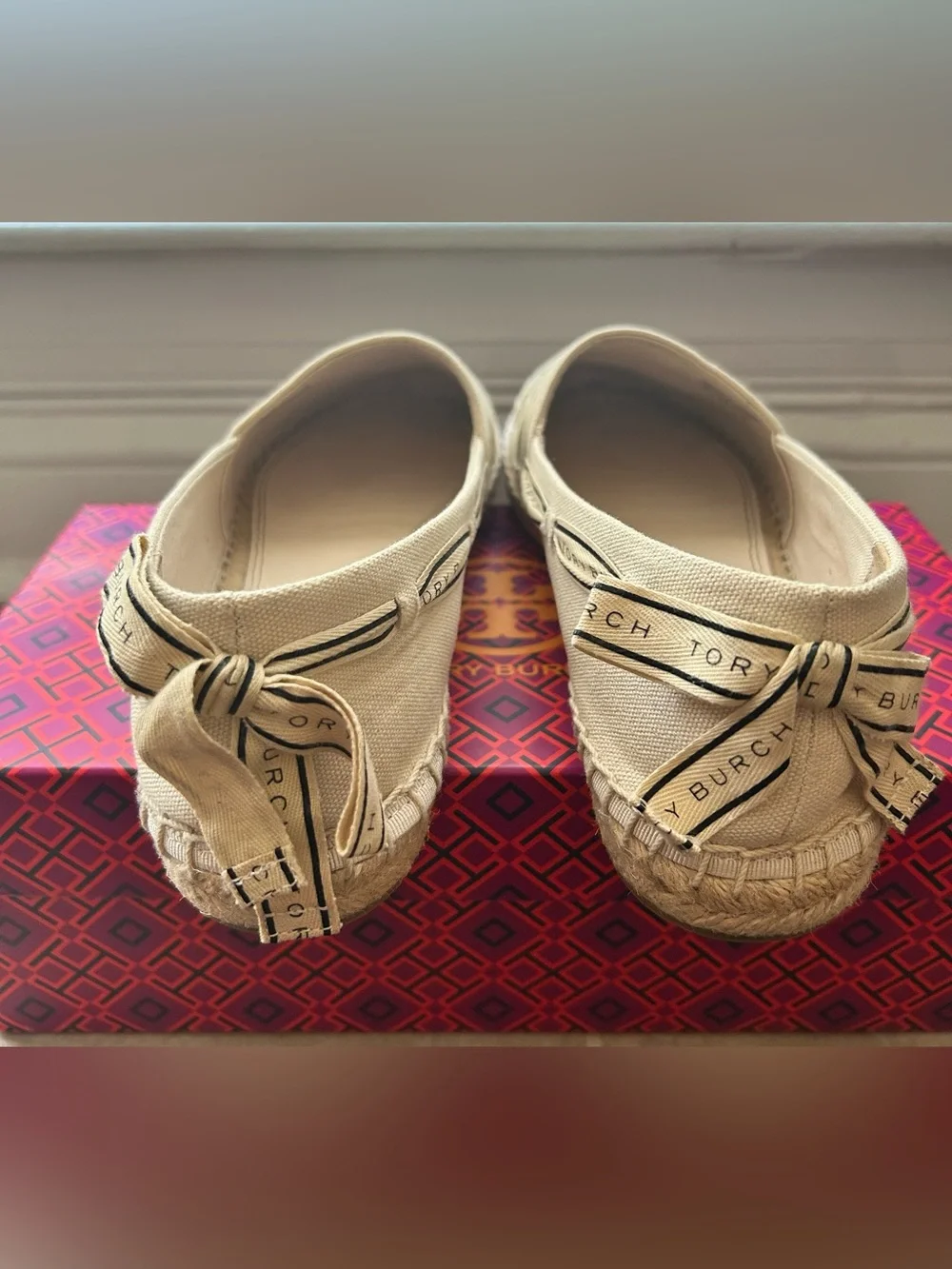 Tory Burch Cream Logo Ribbon Espadrille Flats